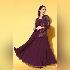 Ahalyaa Women Burgundy Top With Skirt & With Jacket